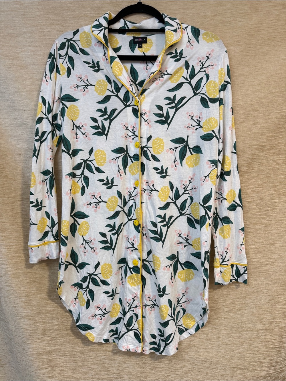 Cosabella Lemon-Print Button-Down pajamas Shirt in White, Yellow & Green